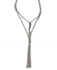 Rein in great style that makes a sassy statement. BCBGeneration's funky pendant necklace highlights two tassel drops crafted from multitudes of oxidized, silver tone mixed metal chains. Approximate length: 24 inches. Approximate drop: 2 inches. Rein in great style that makes a sassy statement. BCBGeneration's funky pendant necklace highlights two tassel drops crafted from multitudes of oxidized, silver tone mixed metal chains. Approximate length: 24 inches. Approximate drop: 2 inches.