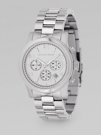 Three-link sport bracelet with round silver dial. Stainless steel chronograph 1½ diameter Analog Day/date display Second hand Hour numbers Imported