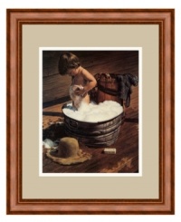 A young boy taking a wash tub bubble bath evokes the innocence and beauty of childhood. Elegantly framed in rich Canadian walnut, Saturday Night is an irresistible charmer for the bath or powder room. By painter Jim Daly. A young boy taking a wash tub bubble bath evokes the innocence and beauty of childhood. Elegantly framed in rich Canadian walnut, Saturday Night is an irresistible charmer for the bath or powder room. By painter Jim Daly.
