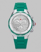 From the Tahitian Jean Bean Collection. Be bold and sporty with this colorful and technical timepiece. Quartz movementWater resistant to 5 ATMRound stainless steel case, 40mm (1.6) Logo etched bezelSilvertone sunray dialNumeric hour markersSecond hand Sea green silicone strapImported