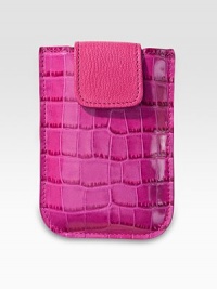 This trim, sleek, hand-crafted case in croco-embossed leather is specially designed to accomodate a variety of smart phones, including BlackBerry. Secured by a snap tab, and lined in chamois cloth.Fits most smart phone and BlackBerry modelsLeather3¾W X 5¼HMade in USA This trim, sleek, hand-crafted case in croco-embossed leather is specially designed to accomodate a variety of smart phones, including BlackBerry. Secured by a snap tab, and lined in chamois cloth.Fits most smart phone and BlackBerry modelsLeather3¾W X 5¼HMade in USA