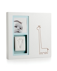 A great gift idea, the Babyprints Desktop Frame is a kit that allows parents to create an actual impression of a baby's hand or foot, alongside a special picture and a droll giraffe graphic. A great gift idea, the Babyprints Desktop Frame is a kit that allows parents to create an actual impression of a baby's hand or foot, alongside a special picture and a droll giraffe graphic.