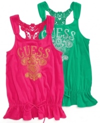 Looking stylish is a cinch when she's rocking this crochet-back tank from Guess. Looks great on its own or with a cozy cardigan on top. Looking stylish is a cinch when she's rocking this crochet-back tank from Guess. Looks great on its own or with a cozy cardigan on top.