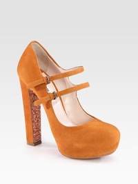 A glittered sole adds sparkle to this suede Mary Jane design, with a hidden platform and double ankle straps. Suede and glittered heel, 5¼ (130mm)Hidden platform, 1½ (40mm)Compares to a 3¾ heel (95mm)Suede upperDouble adjustable ankle strapsGlitter soleLeather lining and solePadded insoleMade in Italy A glittered sole adds sparkle to this suede Mary Jane design, with a hidden platform and double ankle straps. Suede and glittered heel, 5¼ (130mm)Hidden platform, 1½ (40mm)Compares to a 3¾ heel (95mm)Suede upperDouble adjustable ankle strapsGlitter soleLeather lining and solePadded insoleMade in Italy