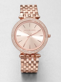 A warm rose goldtone stainless steel timepiece accented with two rows of brilliant crystals on the bezel. Quartz movementWater resistant to 5 ATMRound rose goldtone stainless steel case, 39mm (1.5) Crystal accented bezelRose goldtone dialBar hour markersSecond hand Rose goldtone stainless steel link braceletImported A warm rose goldtone stainless steel timepiece accented with two rows of brilliant crystals on the bezel. Quartz movementWater resistant to 5 ATMRound rose goldtone stainless steel case, 39mm (1.5) Crystal accented bezelRose goldtone dialBar hour markersSecond hand Rose goldtone stainless steel link braceletImported