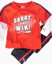 He'll always be the big winner in this athletic t-shirt and pant set from Puma. He'll always be the big winner in this athletic t-shirt and pant set from Puma.
