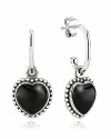 Polished onyx hearts add romance and a touch of mystery to sterling silver open hoop earrings from PANDORA.