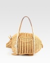 A spring-ready design of woven wicker forms this playful armadillo shape. Double leather top handles, 8 dropFlap to closureOne inside zip pocketOne inside open pocketCotton lining12½W X 6¾H X 5½DImported