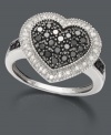When adorable design and sparkle combine. This chic heart ring features a center heart decorated with round-cut black diamonds (3/8 ct. t.w.) and surrounded by round-cut white diamond edges (1/8 ct. t.w.). Crafted in sterling silver. Size 7.