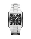 A sleek square face adds graphic elegance to an Emporio Armani watch, finished by a stainless steel bracelet.