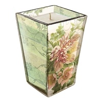 Tapered glass candle with antique boquet image and vintage pattern. Approximately 40-hour burn time. Tapered glass candle with antique boquet image and vintage pattern. Approximately 40-hour burn time.