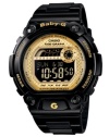 Rise and shine with the tides with this BLX series Baby-G watch. Crafted of black resin strap and round case with golden accents. Shock-resistant black negative digital display dial features tide graph, EL backlight with afterglow, day and date feature, world time, 2 multifunction alarms, snooze, 1/100 second stopwatch, countdown timer, 12/24 hour formats, full automatic calendar and mute function. Quartz movement. Water resistant to 200 meters. One-year limited warranty.