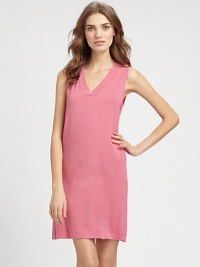 An ultra-fine jersey knit with flattering v-neck and sleeveless design is a beautiful, sleek silhouette. V-neckSleevelessWide shoulder strapsA-lineBack pleatingAbout 35½ from shoulder to hem97% viscose/3% elastaneMachine washImported An ultra-fine jersey knit with flattering v-neck and sleeveless design is a beautiful, sleek silhouette. V-neckSleevelessWide shoulder strapsA-lineBack pleatingAbout 35½ from shoulder to hem97% viscose/3% elastaneMachine washImported