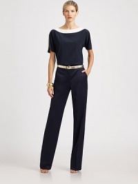 The classic straight-leg style, rendered in a flattering stretch wool blend.Self waistbandZip flySide slash pocketsInseam, about 34Wool/cotton/rayonDry cleanImportedModel shown is 5'10 (177cm) wearing US size 4. The classic straight-leg style, rendered in a flattering stretch wool blend.Self waistbandZip flySide slash pocketsInseam, about 34Wool/cotton/rayonDry cleanImportedModel shown is 5'10 (177cm) wearing US size 4.
