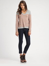 The classic V-neck pullover in a soft cotton/cashmere knit, striped and styled with a slightly flared hem.V necklineLong sleevesPatch pocketsContour hem longer in backAbout 24 from shoulder to hem95% cotton/5% cashmereDry cleanImportedModel shown is 5'9 (175cm) wearing US size Small. The classic V-neck pullover in a soft cotton/cashmere knit, striped and styled with a slightly flared hem.V necklineLong sleevesPatch pocketsContour hem longer in backAbout 24 from shoulder to hem95% cotton/5% cashmereDry cleanImportedModel shown is 5'9 (175cm) wearing US size Small.
