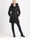 This quilted coat features a brilliant snapped collar that easily converts to a shawl collar or hood.Convertible pillow collarAsymmetrical double zipperZipper and flap pocketsBelted silhouetteAbout 33 from shoulder to hemNylonFill: goose down feathersDry cleanImported Model shown is 5'10 (177cm) wearing US size 4. 