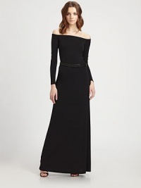 Sleek and elegant, this double-faced crepe knit style is accented with a matching belt.Off-the-shoulder necklineLong sleevesIncluded beltFully linedAbout 46 from natural waist49% viscose/46% polyester/5% nylonDry cleanImported of Italian fabricModel shown is 5'11 (180cm) wearing US size 4. 