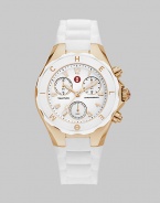 A sporty chronograph timepiece with rose goldplated stainless steel accents and silicone strap.Swiss quartz movement Water resistant to 5 ATM Logo bezel Round, rose goldplated stainless steel case, 40mm, (1.49) K-1 mineral crystal White chronograph dial Arabic numeral hour markers Second hand Silicone strap Imported 