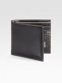Topstitched leather with a fun, photo printed interior.One billfold compartmentEight credit card slotsLeather4¼W X 3½HMade in Italy Topstitched leather with a fun, photo printed interior.One billfold compartmentEight credit card slotsLeather4¼W X 3½HMade in Italy