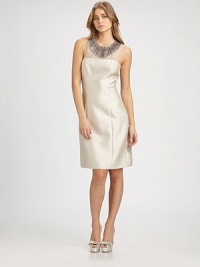 This chic wool/satin shift features a delicate sheer yoke accented with a glamorous beaded neckline.Beaded jewel necklineSheer yokeConcealed back zip with keyhole button closureAbout 23 from natural waist51% silk/49% woolDry cleanImportedModel shown is 5'10 (177cm) wearing US size 4. This chic wool/satin shift features a delicate sheer yoke accented with a glamorous beaded neckline.Beaded jewel necklineSheer yokeConcealed back zip with keyhole button closureAbout 23 from natural waist51% silk/49% woolDry cleanImportedModel shown is 5'10 (177cm) wearing US size 4.