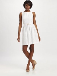 Sweet cotton eyelet, tailored in a classic, feminine silhouette and cinched at the waist with a matching belt.Jewel necklineSleevelessIncluded belt with goldtone buckleFull skirtConcealed back zipCotton liningAbout 20 from natural waistCottonDry cleanMade in USA of imported fabricModel shown is 5'10 (177cm) wearing US size 4. Sweet cotton eyelet, tailored in a classic, feminine silhouette and cinched at the waist with a matching belt.Jewel necklineSleevelessIncluded belt with goldtone buckleFull skirtConcealed back zipCotton liningAbout 20 from natural waistCottonDry cleanMade in USA of imported fabricModel shown is 5'10 (177cm) wearing US size 4.