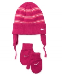 Keep those little ears and fingertips warm this winter in a knit cap and mitten set from Nike. Keep those little ears and fingertips warm this winter in a knit cap and mitten set from Nike.