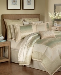 Utterly divine, this comprehensive Capri comforter set features a soothing colorway of muted tans and greens paired with an elegant scroll motif for a completely classic look. Coordinating elements feature perfect pleated details and shimmery gold & silver accents for pure enchantment. Utterly divine, this comprehensive Capri comforter set features a soothing colorway of muted tans and greens paired with an elegant scroll motif for a completely classic look. Coordinating elements feature perfect pleated details and shimmery gold & silver accents for pure enchantment.