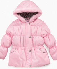 Accented by leopard-print fleece, this cuddly warm puffer coat from Pink Platinum is perfect for your little one. Accented by leopard-print fleece, this cuddly warm puffer coat from Pink Platinum is perfect for your little one.