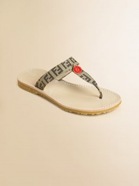 Accented by designer logos, these chic t-strap sandals are on every girl's most-wanted list.Slip-onCanvas upperRubber soleLogo pendantImportedAdditional InformationKid's Shoe Size Guide (European Equivalent) Accented by designer logos, these chic t-strap sandals are on every girl's most-wanted list.Slip-onCanvas upperRubber soleLogo pendantImportedAdditional InformationKid's Shoe Size Guide (European Equivalent)