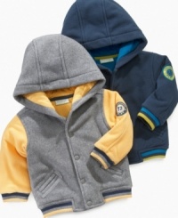 Even though it will be a long time before he's in school, he can stay classy in one of these varsity jackets from First Impressions. Even though it will be a long time before he's in school, he can stay classy in one of these varsity jackets from First Impressions.