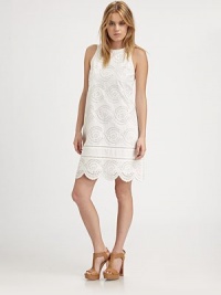 Delicate cotton eyelet in a lightweight sleeveless shift.BoatneckSleevelessFlat frontScalloped hemCenter back zipperAbout 18 from natural waistCottonDry cleanImportedModel shown is 5'11 (180cm) wearing US size Small. Delicate cotton eyelet in a lightweight sleeveless shift.BoatneckSleevelessFlat frontScalloped hemCenter back zipperAbout 18 from natural waistCottonDry cleanImportedModel shown is 5'11 (180cm) wearing US size Small.