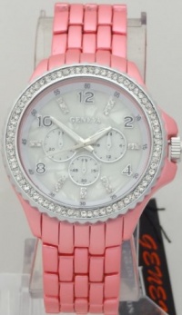 Geneva Quartz Chronograph-style Look Mother of Pearl Dail RhineStone on Bezel Pink Metal Band Geneva Quartz Chronograph-style Look Mother of Pearl Dail RhineStone on Bezel Pink Metal Band