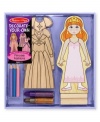 Create fashions deserving of the royal red carpet treatment with this magnetic dress-up set including the design-your-own gowns and wooden stand. Embellish the dresses with colored pencils, glitter glue and sparkly gem stickers. The magnet-backed dresses will always fit to a royal T!