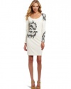 HALSTON HERITAGE Women's Long Sleeve Round Neck Embellished Dress, Cream, 6