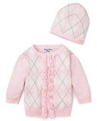 Preppy goes pretty with this argyle sweater embellished with a ruffled placket and ribbed bottom. Comes with a snuggly matching hat. Preppy goes pretty with this argyle sweater embellished with a ruffled placket and ribbed bottom. Comes with a snuggly matching hat.