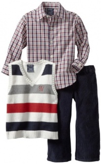 Izod Kids Boys 2-7 Striped Sweater Vest Plaid Shirt and Pant 3 Piece Set, Ivory, 6 Regular