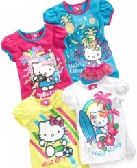 Ola Kitty! She can explore some far-out exotic destinations with her favorite feline cartoon on this precious Hello Kitty t-shirt. Ola Kitty! She can explore some far-out exotic destinations with her favorite feline cartoon on this precious Hello Kitty t-shirt.