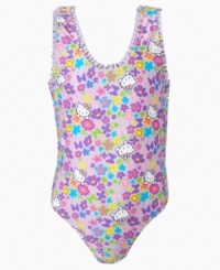 Splish splash. Her favorite cartoon kitty makes this frilly one piece swimsuit from Hello Kitty even more fun. Splish splash. Her favorite cartoon kitty makes this frilly one piece swimsuit from Hello Kitty even more fun.
