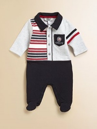What looks like a striped polo and pants is really an easy all-in-one with the distinctive logo on front.Solid contrast collar Button placket Chest pocket with logo and appliquéd badge Long sleeves Snap inseam 92% cotton/8% elastane Machine wash Imported Please note: Number of snaps and buttons may vary depending on size ordered. What looks like a striped polo and pants is really an easy all-in-one with the distinctive logo on front.Solid contrast collar Button placket Chest pocket with logo and appliquéd badge Long sleeves Snap inseam 92% cotton/8% elastane Machine wash Imported Please note: Number of snaps and buttons may vary depending on size ordered.