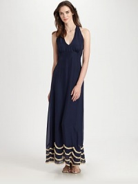 Airy chiffon, in a feminine, floor-length design embellished with lacy trim.Halter-style V necklineSleevelessRuching at bustEmpire seamScalloped lace trim at hemlineWide back strapsConcealed side zipFully linedAbout 42 from natural waistPolyesterMachine washImportedModel shown is 5'10 (177cm) wearing US size Small. Airy chiffon, in a feminine, floor-length design embellished with lacy trim.Halter-style V necklineSleevelessRuching at bustEmpire seamScalloped lace trim at hemlineWide back strapsConcealed side zipFully linedAbout 42 from natural waistPolyesterMachine washImportedModel shown is 5'10 (177cm) wearing US size Small.