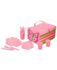 Beautiful and functional, this complete picnic set stores in a butterfly-adorned, sturdy fabric picnic basket. Beautiful and functional, this complete picnic set stores in a butterfly-adorned, sturdy fabric picnic basket.