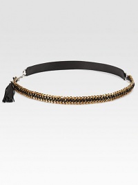 A two-sided style in supple leather and leather accented link chain, finished with a leather tassel. Width, about 1Imported A two-sided style in supple leather and leather accented link chain, finished with a leather tassel. Width, about 1Imported