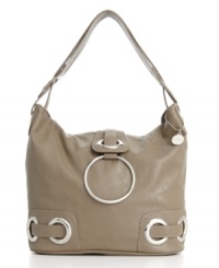 Glossy grommets and a large shiny loop take this bucket bag from Big Buddha to the next level of creative chic. Glossy grommets and a large shiny loop take this bucket bag from Big Buddha to the next level of creative chic.