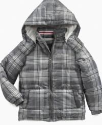 Bundling up doesn't mean bulking up with this puffer coat from Calvin Klein, which adds a warm, streamlined style. Bundling up doesn't mean bulking up with this puffer coat from Calvin Klein, which adds a warm, streamlined style.