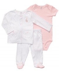 Set your tiny dancer up in comfort with this darling bodysuit, pant and sweater set from Carter's. Set your tiny dancer up in comfort with this darling bodysuit, pant and sweater set from Carter's.