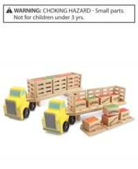 Crates of farm-fresh fruit and vegetables are ready to be trucked to the market on this great wooden rig. Eight removable panels make loading and unloading easy, from farm to supermarket! Use your imagination to find other items from around the house to load while practicing fine motor and language skills. Crates of farm-fresh fruit and vegetables are ready to be trucked to the market on this great wooden rig. Eight removable panels make loading and unloading easy, from farm to supermarket! Use your imagination to find other items from around the house to load while practicing fine motor and language skills.