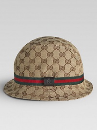 Distinctive double-G topper sports a teddy bear logo tab on the snappy striped hat band.Rounded crown Striped band 65% polyester/35% cotton Made in Italy Distinctive double-G topper sports a teddy bear logo tab on the snappy striped hat band.Rounded crown Striped band 65% polyester/35% cotton Made in Italy