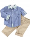 This darling plaid trim chambray shirt with matching pants by First Impressions will have your little guy looking good.