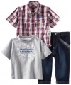 Kenneth Cole Baby-Boys Infant 3 Piece Set Plaid Shirt with Tee and Jean, Gray/Burgandy, 24 Months