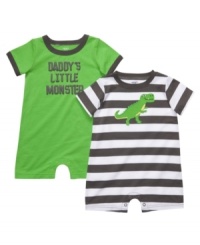 Some monsters are just too cute to be scary, especially in one of these adorable rompers from Carters. Short sleeves and a snap bottom help get beasts up and roaming in no time too. Some monsters are just too cute to be scary, especially in one of these adorable rompers from Carters. Short sleeves and a snap bottom help get beasts up and roaming in no time too.